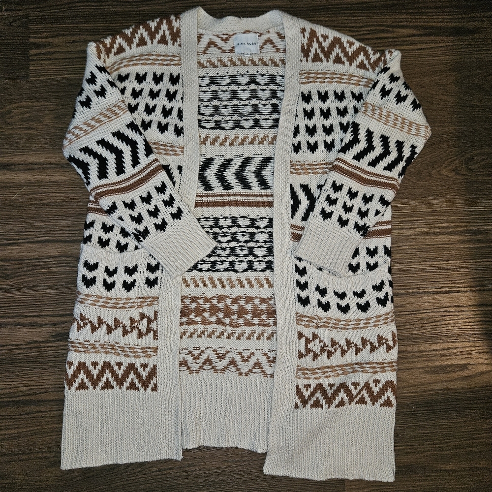 Pink Rose Tribal Native American Geometric Print Open Front Cardigan Sweater S